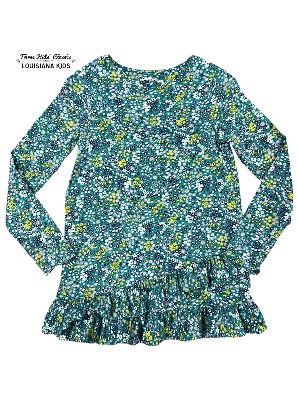 Lands’ End L (14) Girls Teal Floral Ruffle Hem Tunic Top